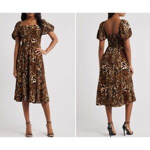 WAYF Women's Leonie Leopard Print‎ Puff Sleeve Midi Dress Size Medium
